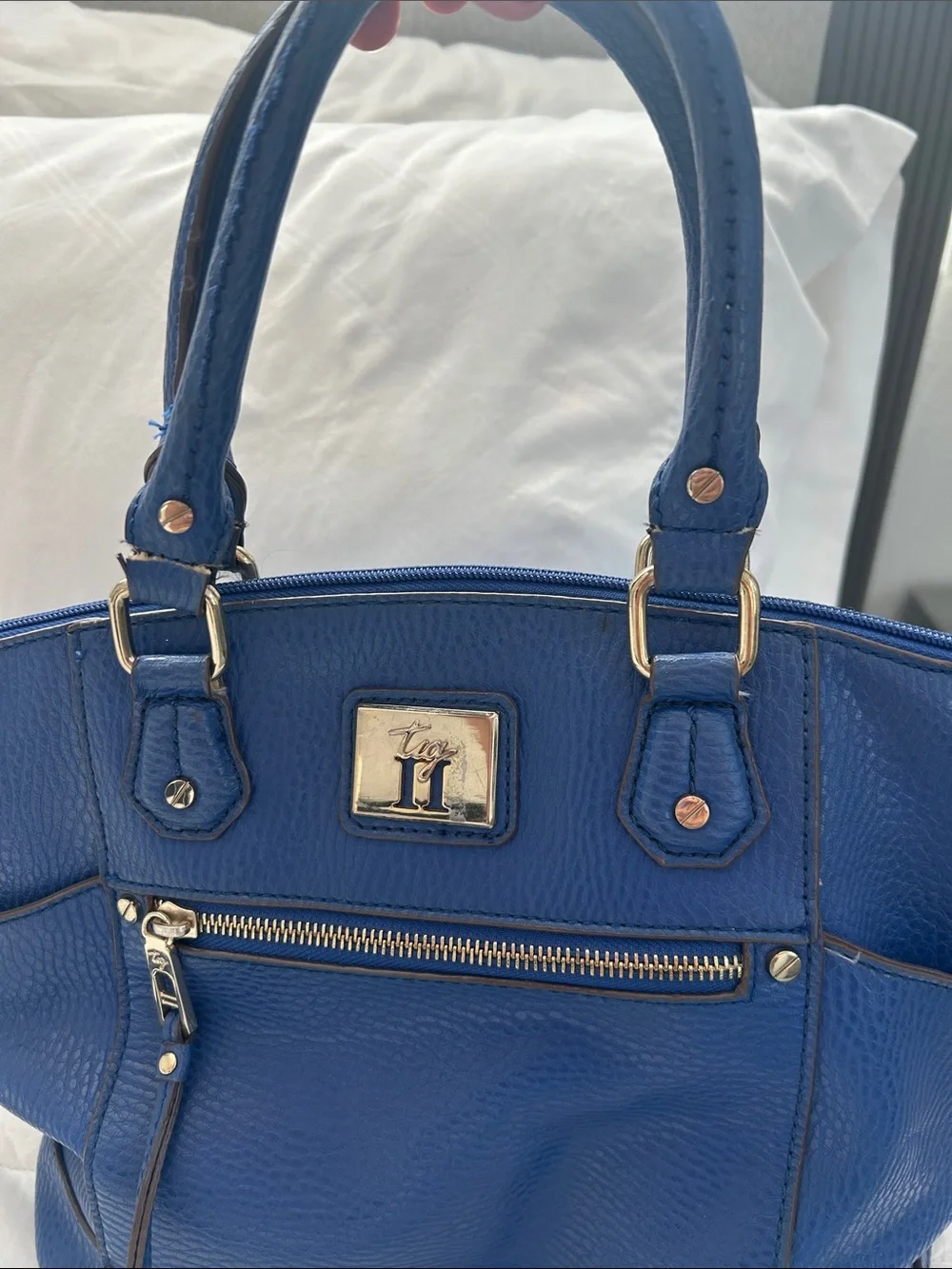 Blue Leather Tote with Front Zip and Top Handles